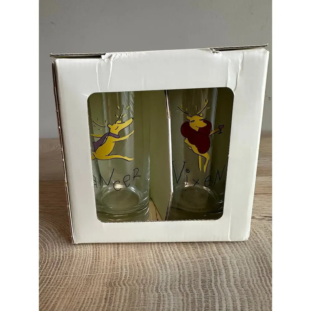 Pottery Barn Set of 4 Reindeer Tumbler Glasses Holiday Christmas Set A